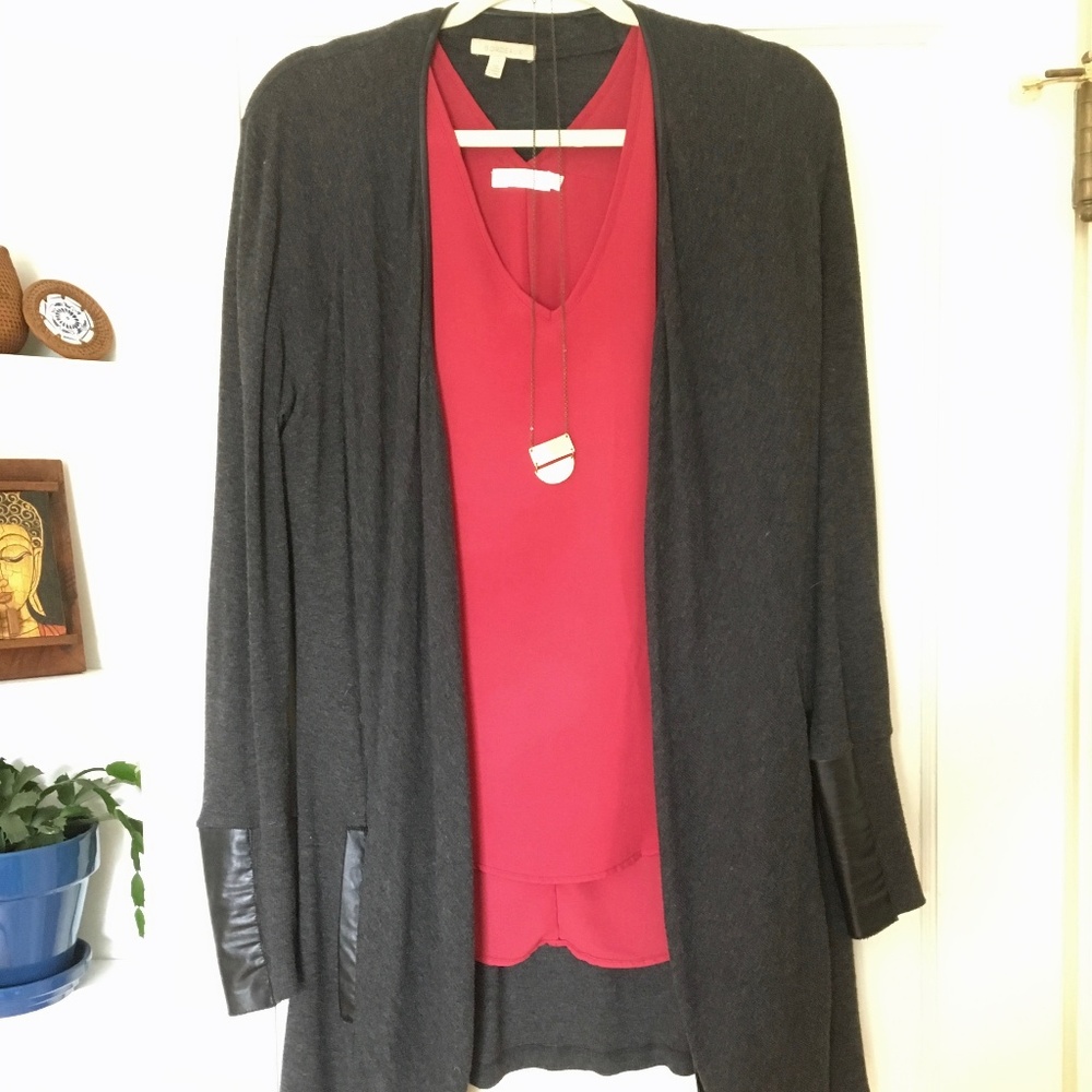 Anthropologie: Grey Cardi with vegan leather trrim